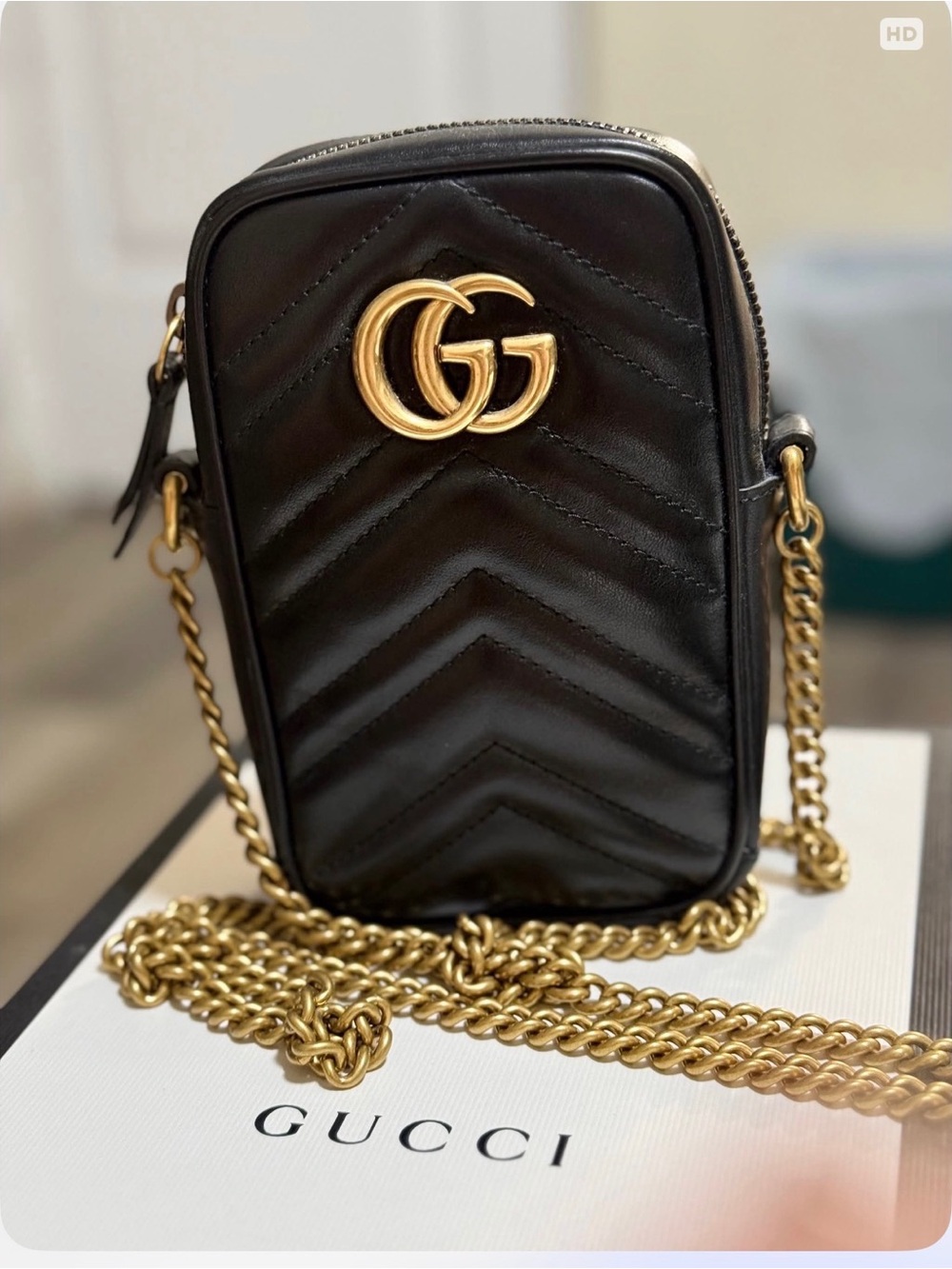 🆕 in Box Gucci Black Chevron Leather Mini Crossbody with Gold GG